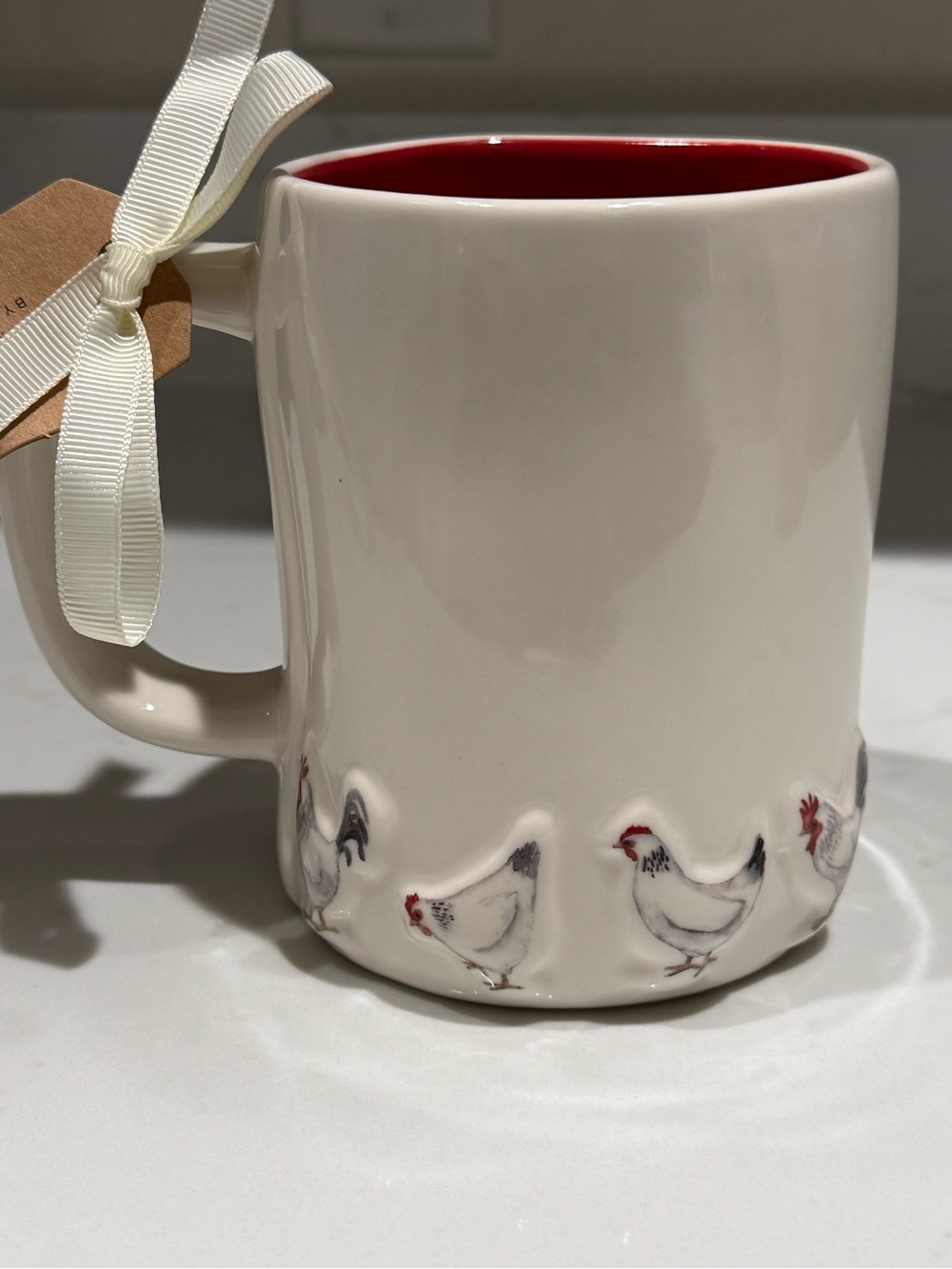 Rae Dunn White Ceramic Mug with Rooster Motif ‘Just Clucking Around’ NWT - Picture 2 of 6